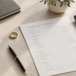 Wedding ring and financial statement against a beige background.