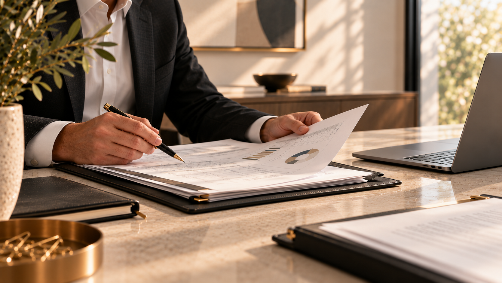 A lawyer reviewing financial details at a desk in a sunlit office.
