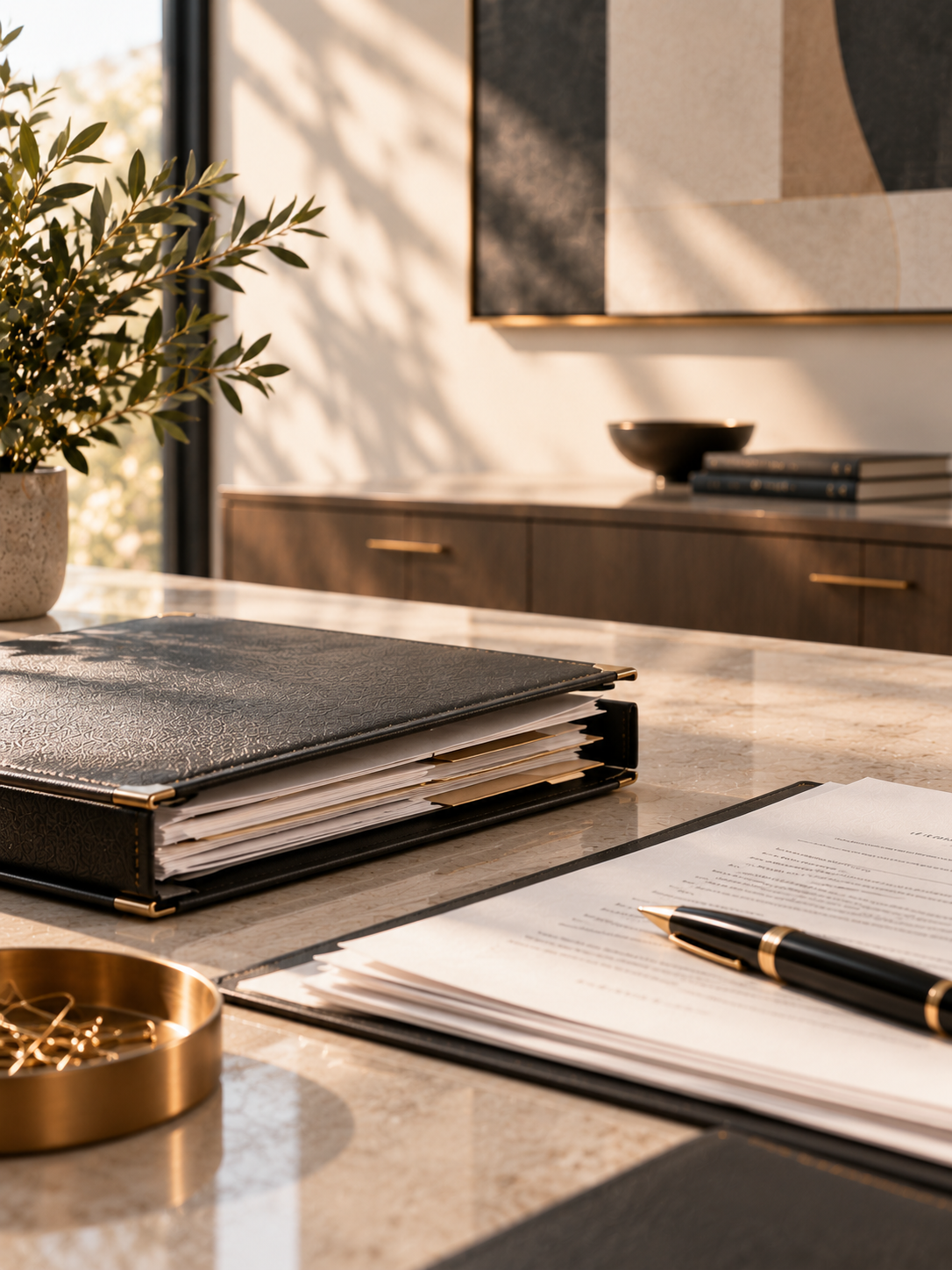 A folder on a beige desk in a sunlit office.